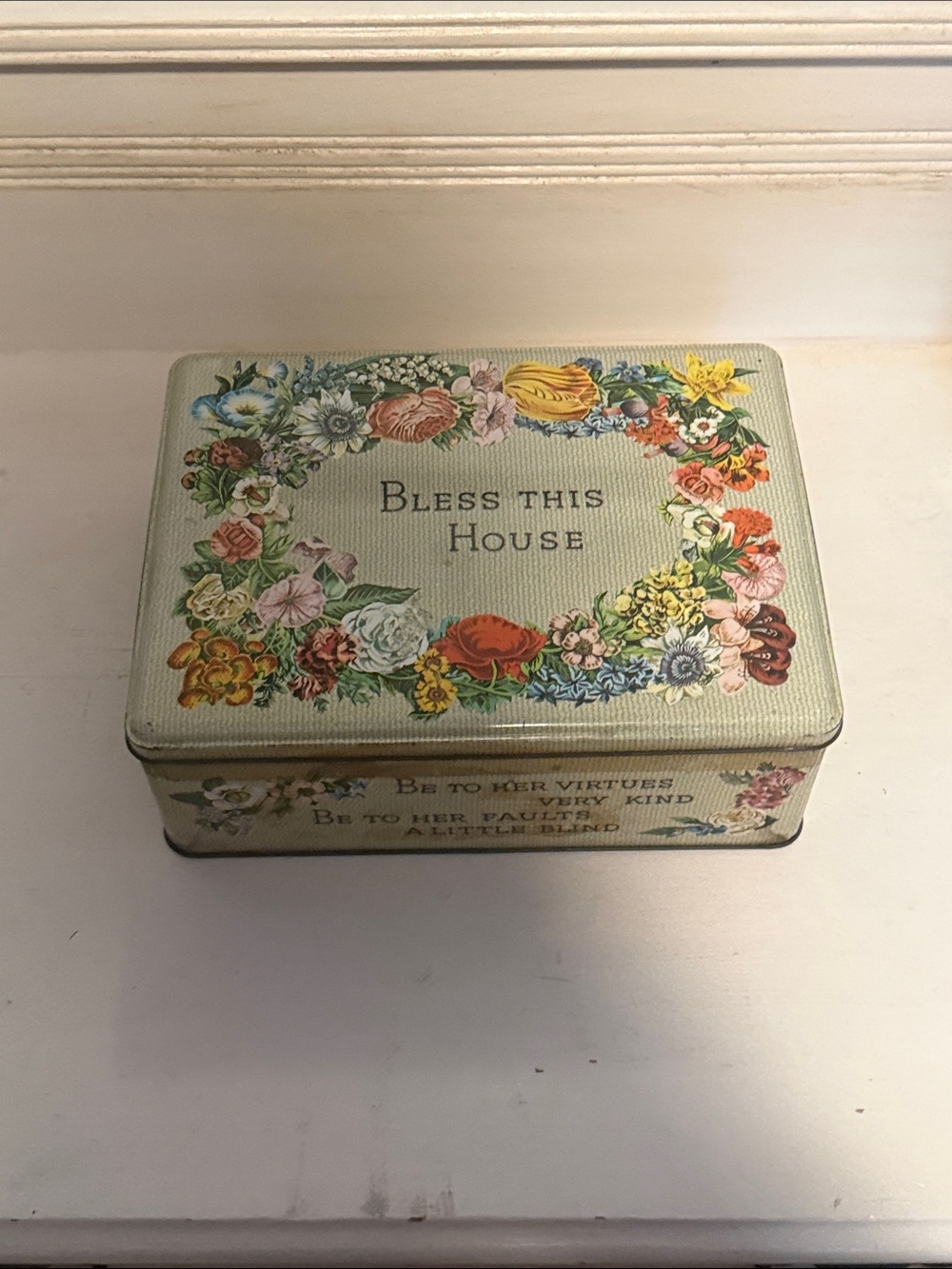 Bless This House Floral Decorative Tin Box vintage antique 1950s cookie box